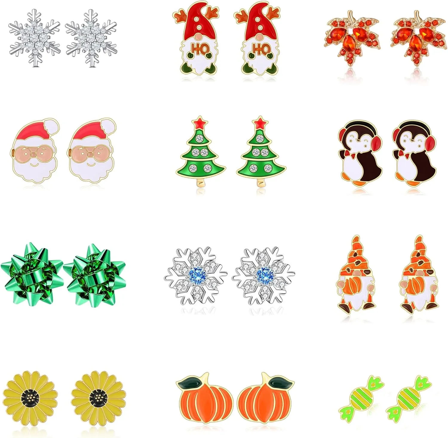 12 Pairs Hypoallergenic Christmas Thanksgiving Earrings Set for Girls Women Fall Pumpkin Maple Leaf Earrings Winter Snowflake Christmas Tree Cake Bow Penguin Gnome Earrings Stud Holiday Jewelry Gifts