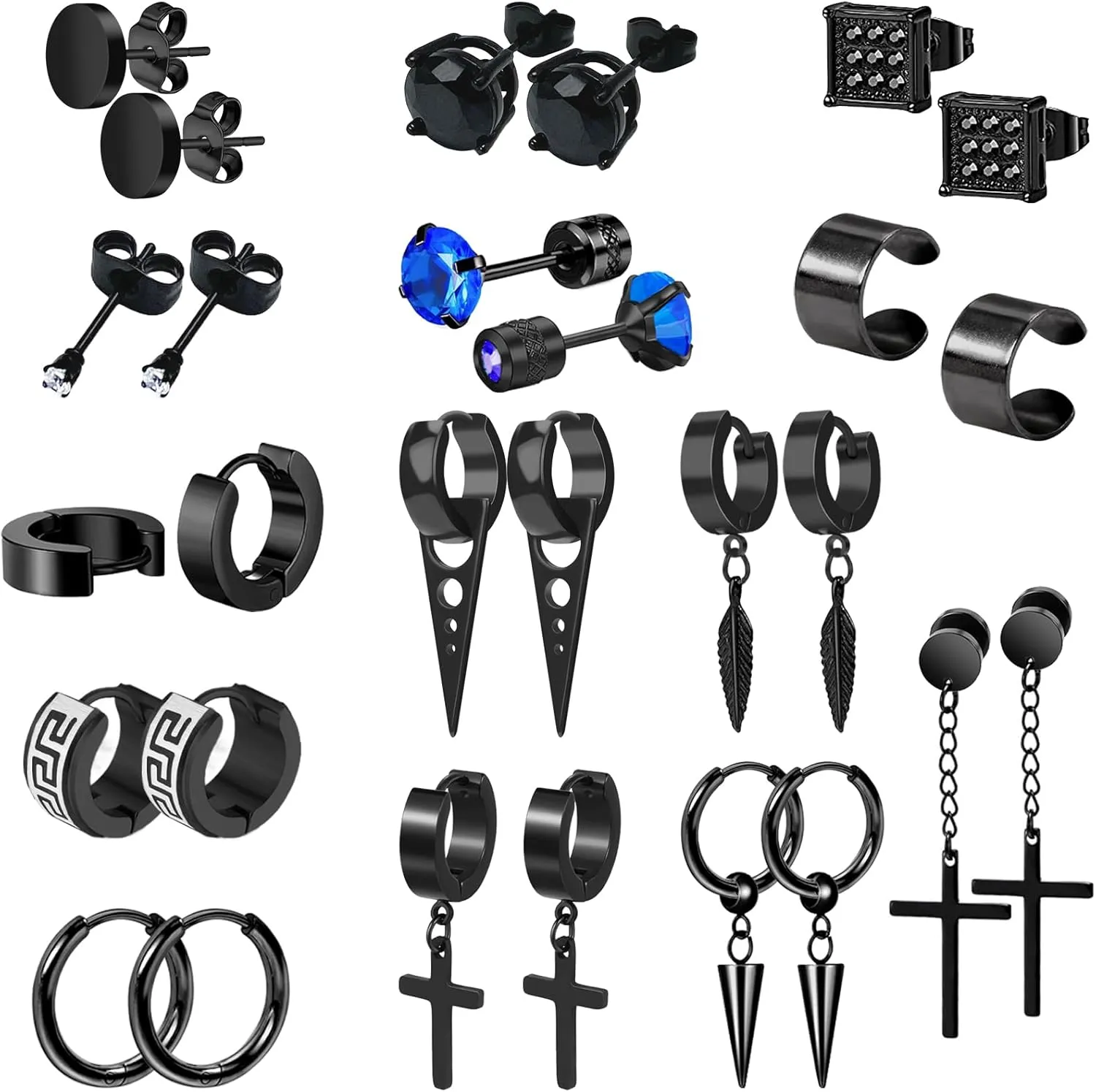 14 Pairs Earrings for Men and Women - Black Stud, Hoop, Cross, and Dangling Earrings Set - Stainless Steel Ear Cuffs Piercing Jewelry