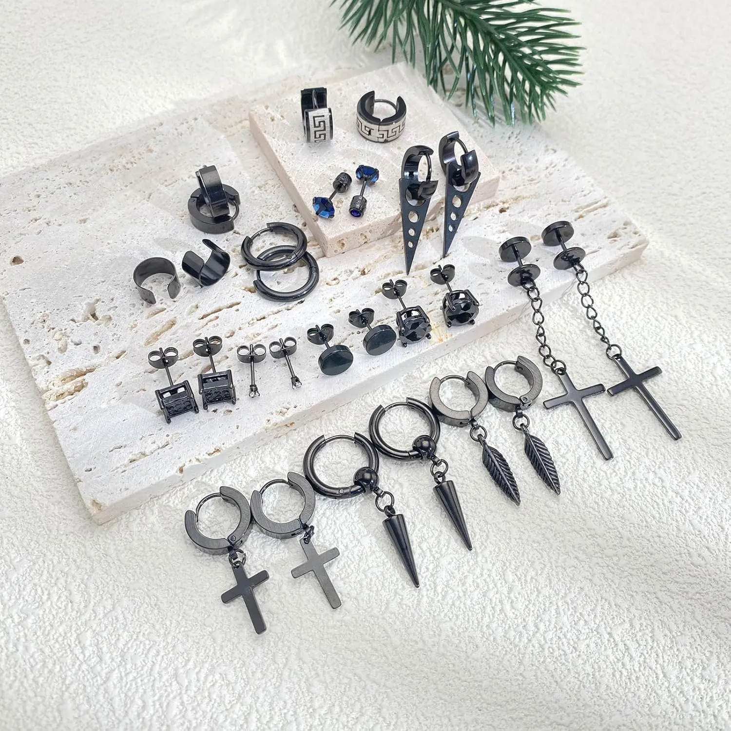 14 Pairs Earrings for Men and Women - Black Stud, Hoop, Cross, and Dangling Earrings Set - Stainless Steel Ear Cuffs Piercing Jewelry