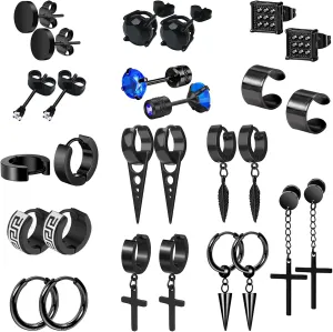 14 Pairs Earrings for Men and Women - Black Stud, Hoop, Cross, and Dangling Earrings Set - Stainless Steel Ear Cuffs Piercing Jewelry