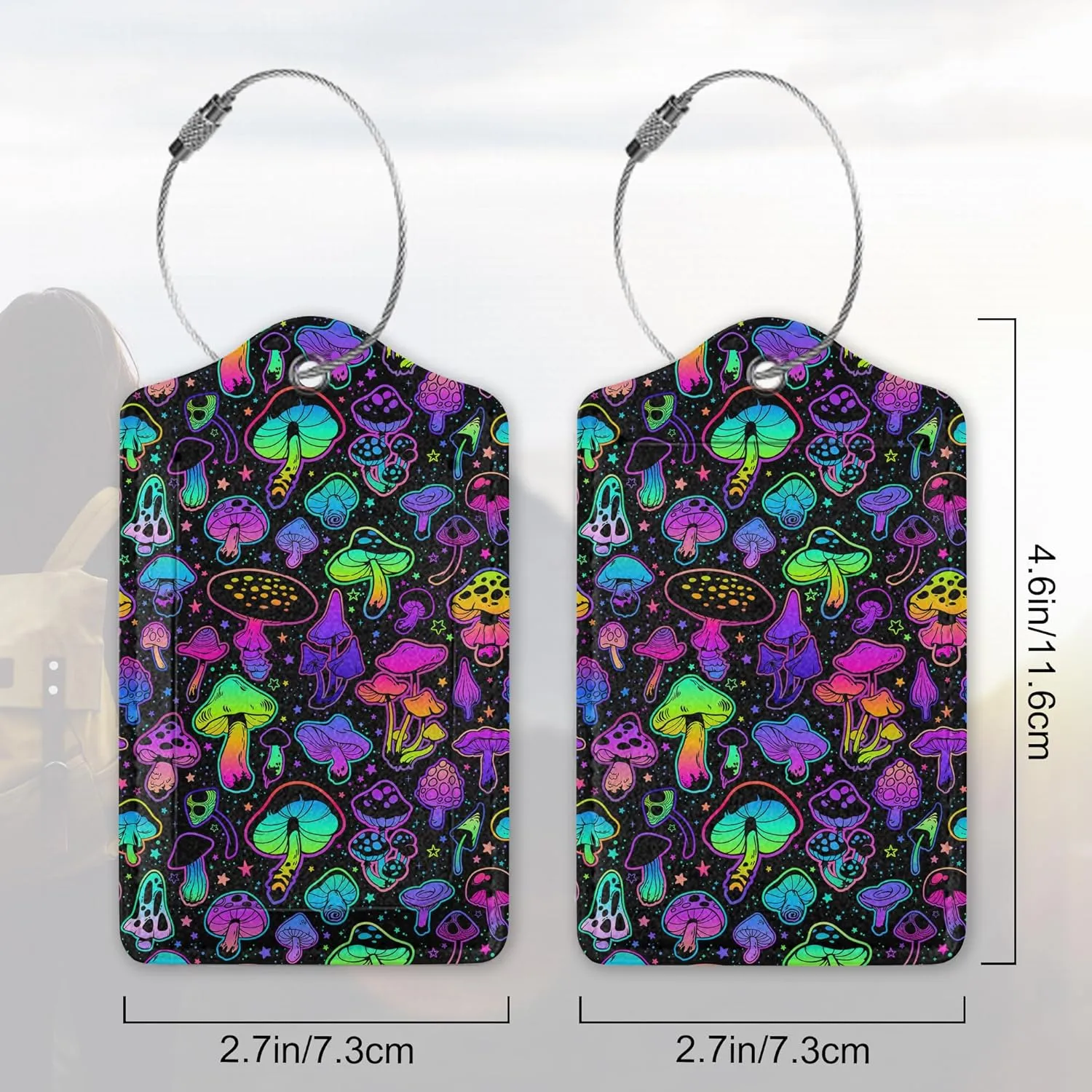 2 Pack PU Leahter Luggage Tag with Stainless Steel Loop, Mushrooms Luggage Tag Travel Suitcase Labels with Privacy Cover ID Label Quickly Spot for Bags & Baggage