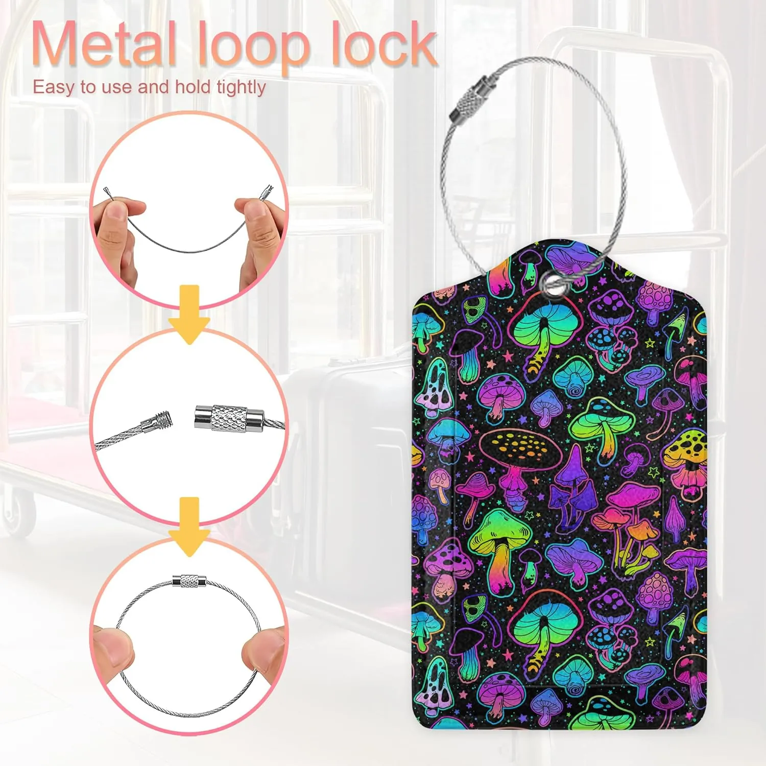 2 Pack PU Leahter Luggage Tag with Stainless Steel Loop, Mushrooms Luggage Tag Travel Suitcase Labels with Privacy Cover ID Label Quickly Spot for Bags & Baggage