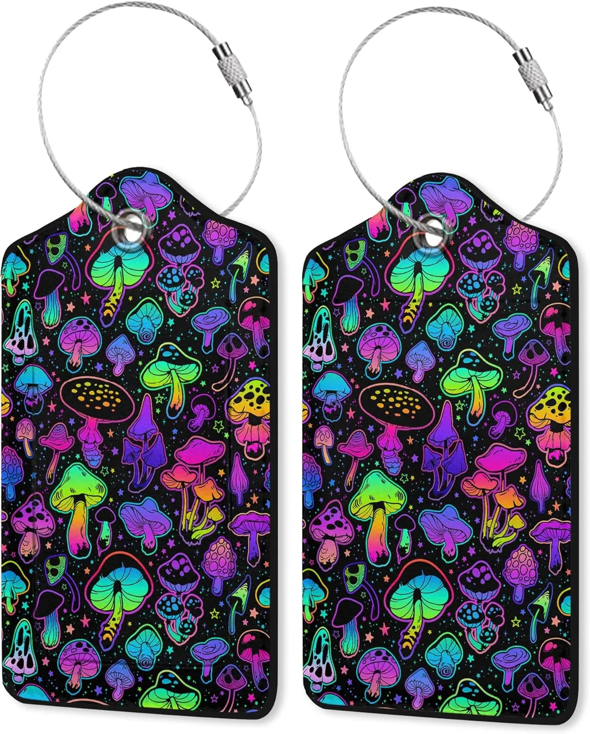 2 Pack PU Leahter Luggage Tag with Stainless Steel Loop, Mushrooms Luggage Tag Travel Suitcase Labels with Privacy Cover ID Label Quickly Spot for Bags & Baggage
