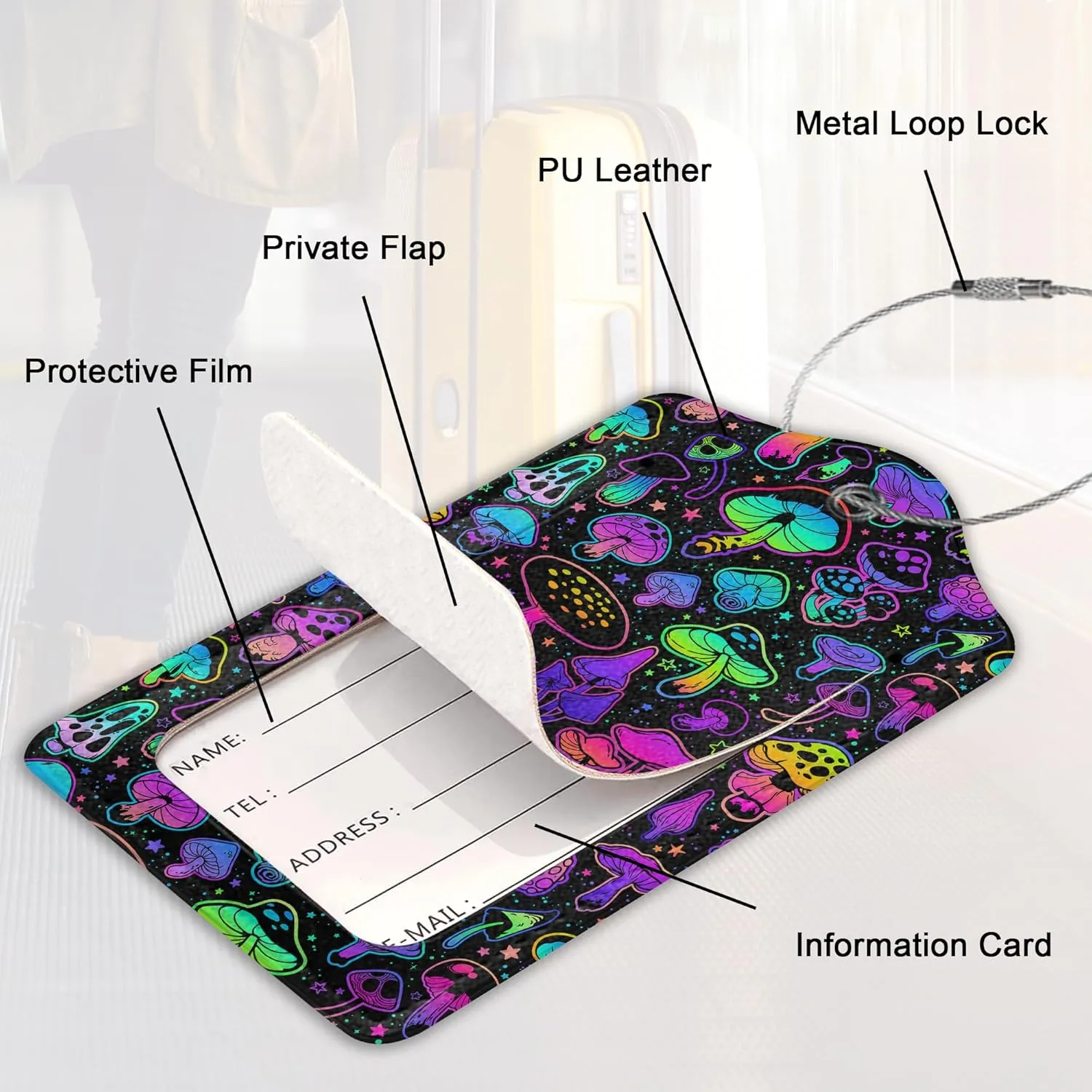 2 Pack PU Leahter Luggage Tag with Stainless Steel Loop, Mushrooms Luggage Tag Travel Suitcase Labels with Privacy Cover ID Label Quickly Spot for Bags & Baggage