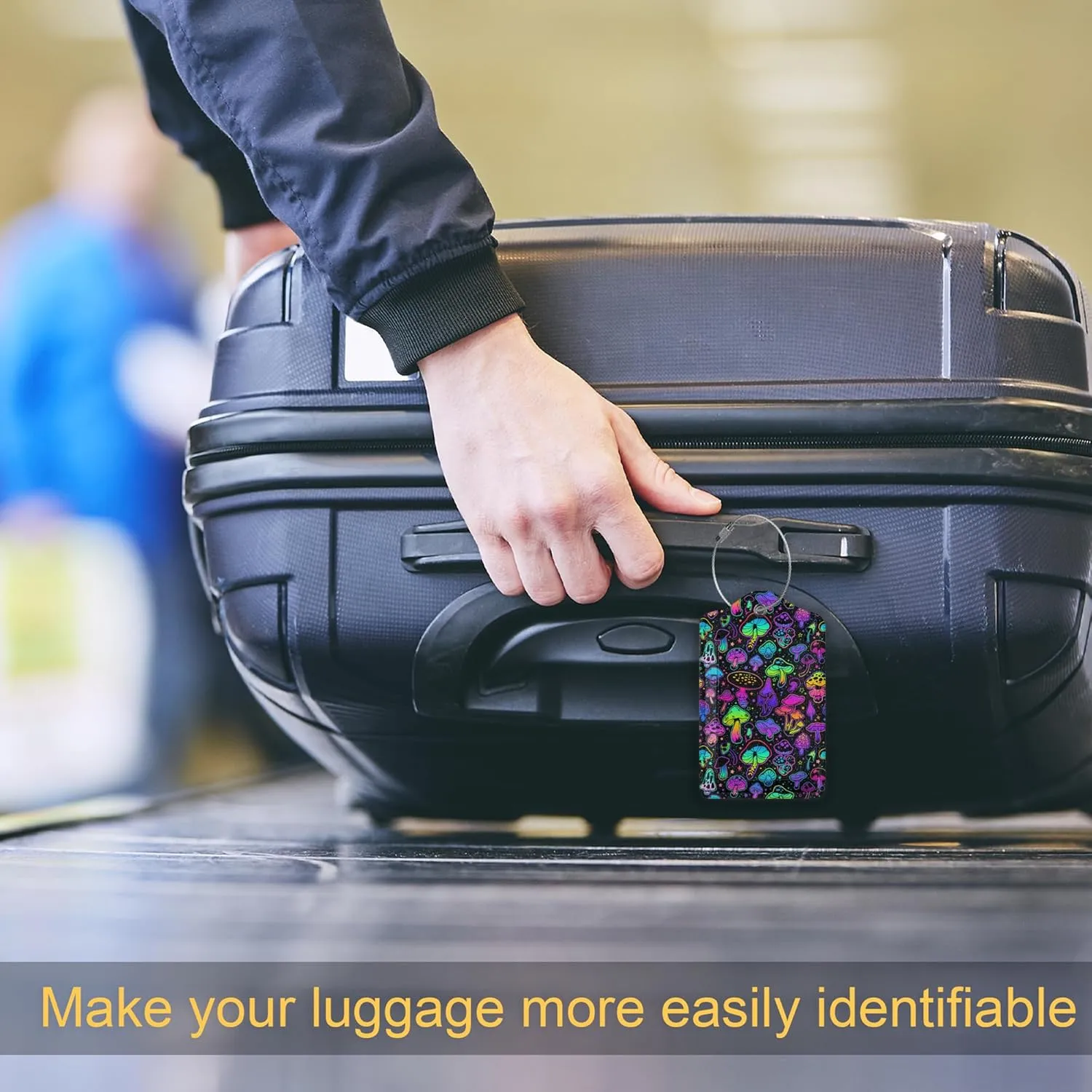 2 Pack PU Leahter Luggage Tag with Stainless Steel Loop, Mushrooms Luggage Tag Travel Suitcase Labels with Privacy Cover ID Label Quickly Spot for Bags & Baggage