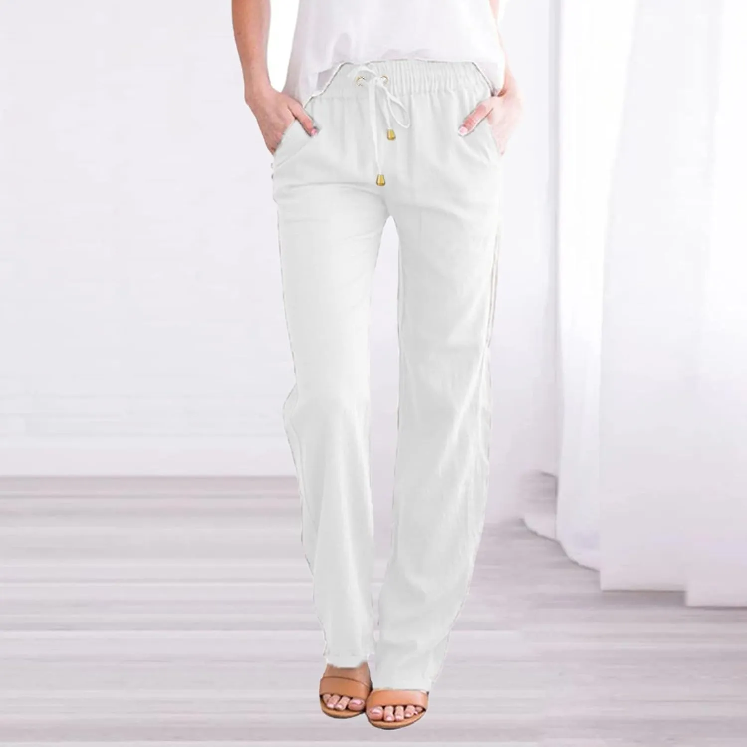 2024 Summer Fashion Trendy Women Pants High Waist Dressy Elastic Linen Drawstring Straight Trousers with Pockets