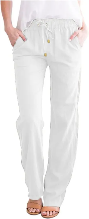 2024 Summer Fashion Trendy Women Pants High Waist Dressy Elastic Linen Drawstring Straight Trousers with Pockets