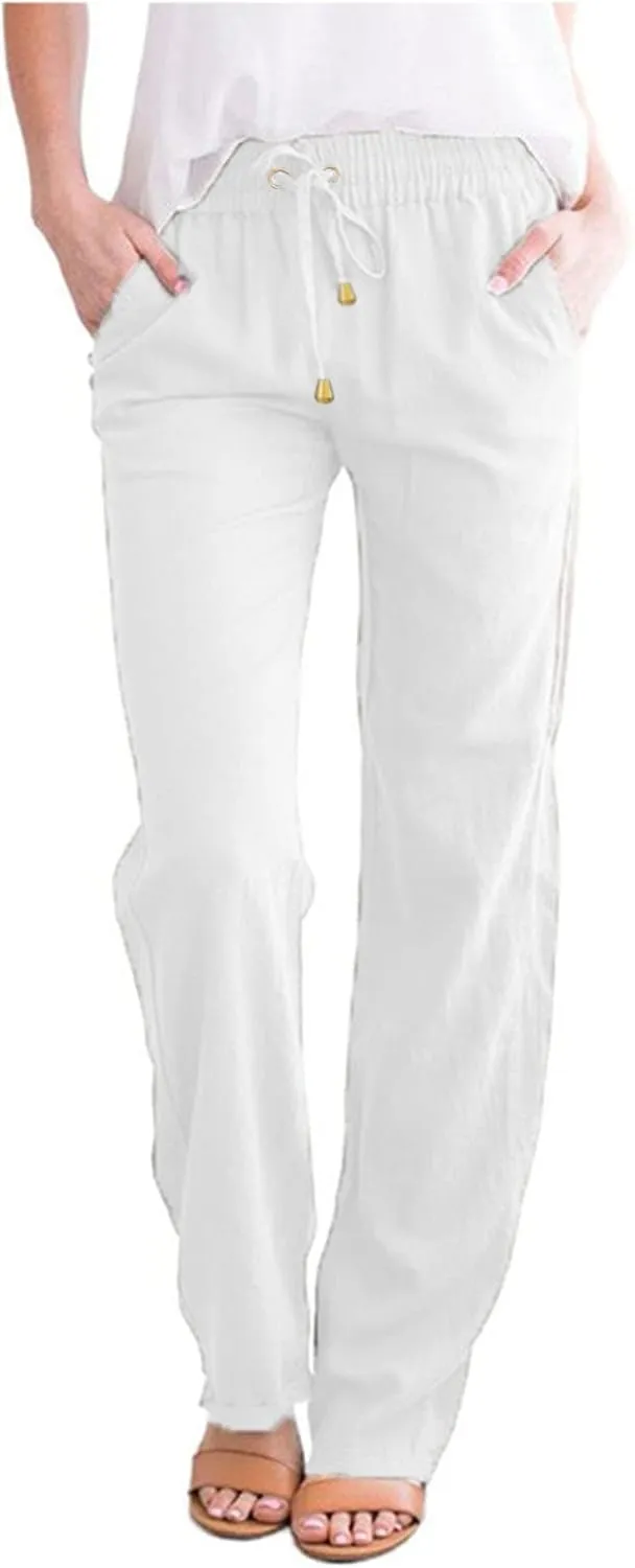 2024 Summer Fashion Trendy Women Pants High Waist Dressy Elastic Linen Drawstring Straight Trousers with Pockets