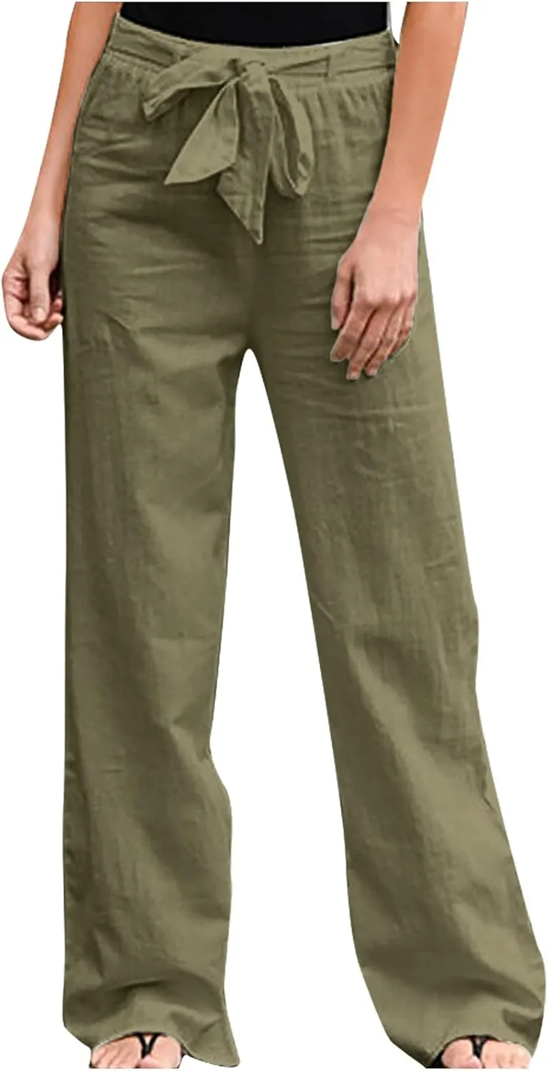 2024 White Linen Pants Women Lightweight Elastic Waist Drawstring Lounge Trousers Fall Summer Pants with Side Pockets