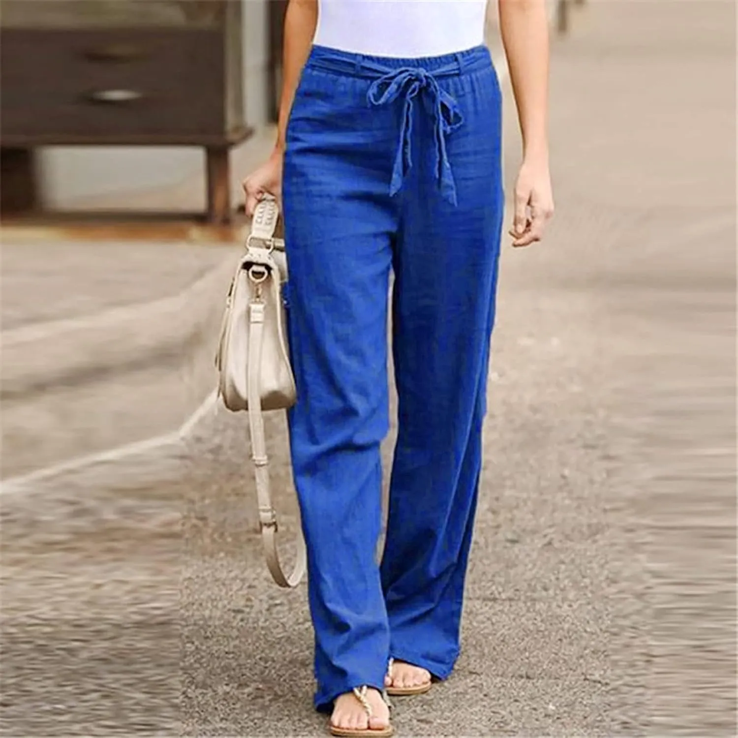 2024 White Linen Pants Women Lightweight Elastic Waist Drawstring Lounge Trousers Fall Summer Pants with Side Pockets