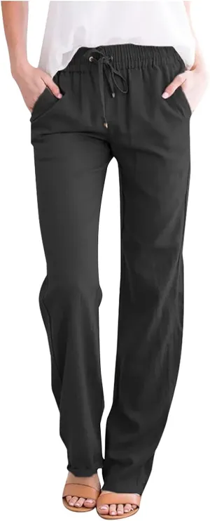 2024 White Linen Pants Women Lightweight Elastic Waist Drawstring Lounge Trousers Fall Summer Pants with Side Pockets