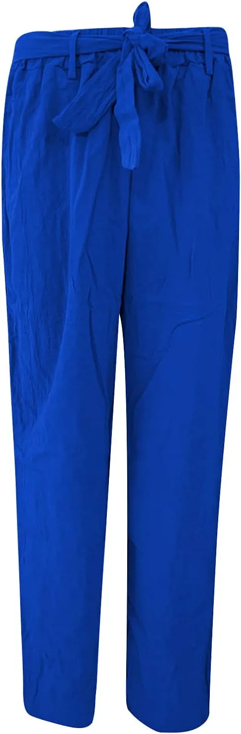 2024 White Linen Pants Women Lightweight Elastic Waist Drawstring Lounge Trousers Fall Summer Pants with Side Pockets