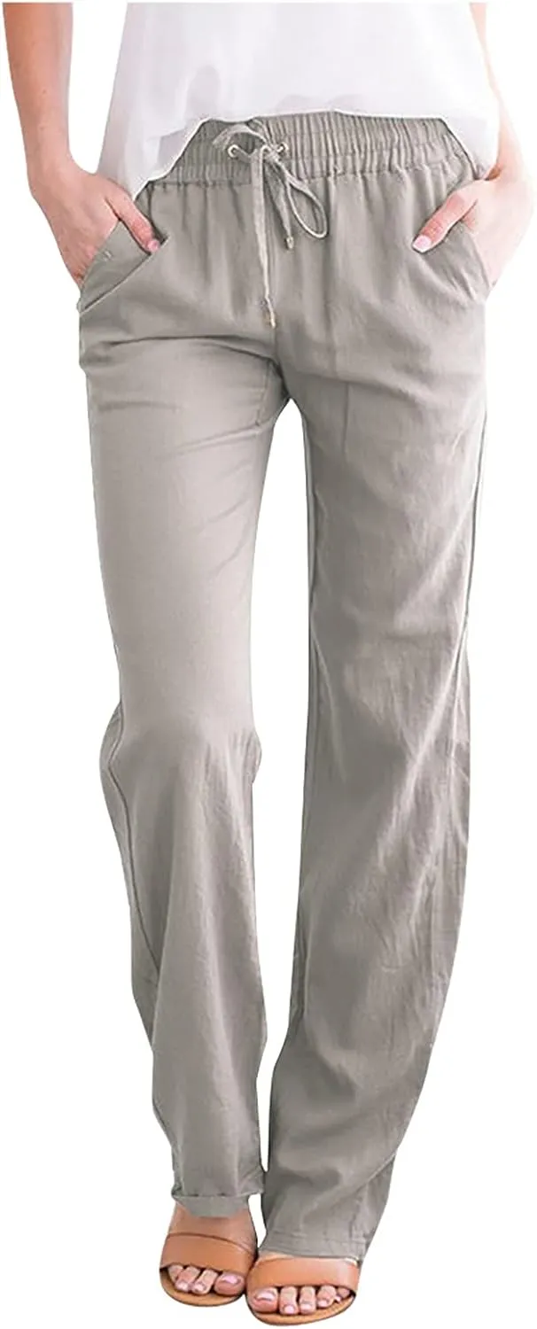 2024 White Linen Pants Women Lightweight Elastic Waist Drawstring Lounge Trousers Fall Summer Pants with Side Pockets