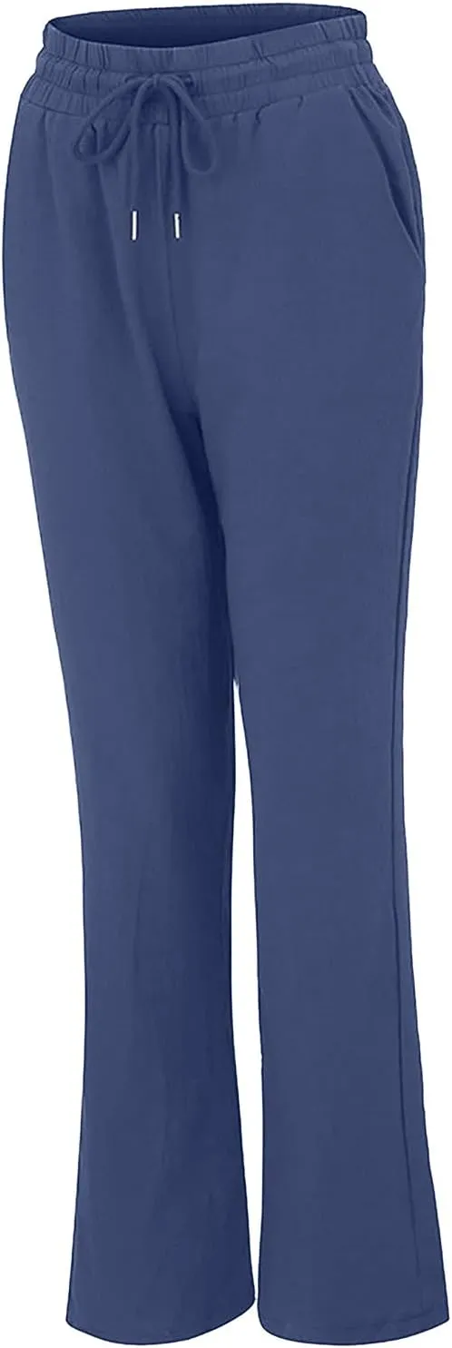 2024 White Linen Pants Women Lightweight Elastic Waist Drawstring Lounge Trousers Fall Summer Pants with Side Pockets