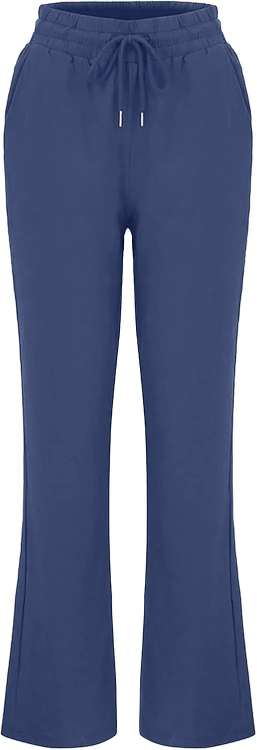 2024 White Linen Pants Women Lightweight Elastic Waist Drawstring Lounge Trousers Fall Summer Pants with Side Pockets