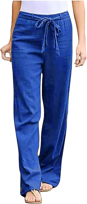 2024 White Linen Pants Women Lightweight Elastic Waist Drawstring Lounge Trousers Fall Summer Pants with Side Pockets