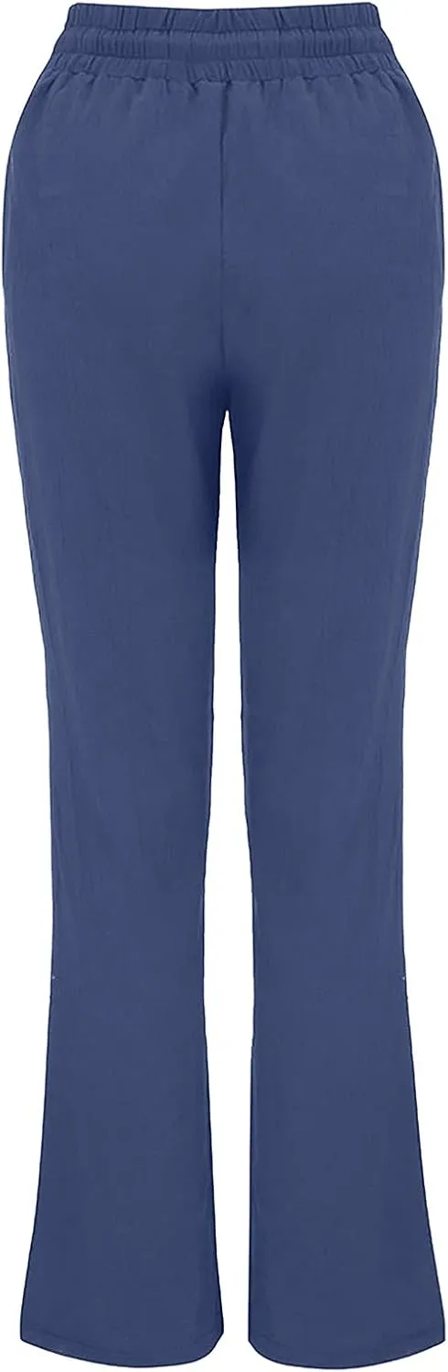 2024 White Linen Pants Women Lightweight Elastic Waist Drawstring Lounge Trousers Fall Summer Pants with Side Pockets