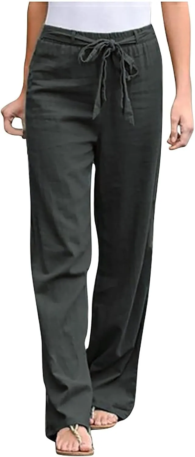 2024 White Linen Pants Women Lightweight Elastic Waist Drawstring Lounge Trousers Fall Summer Pants with Side Pockets