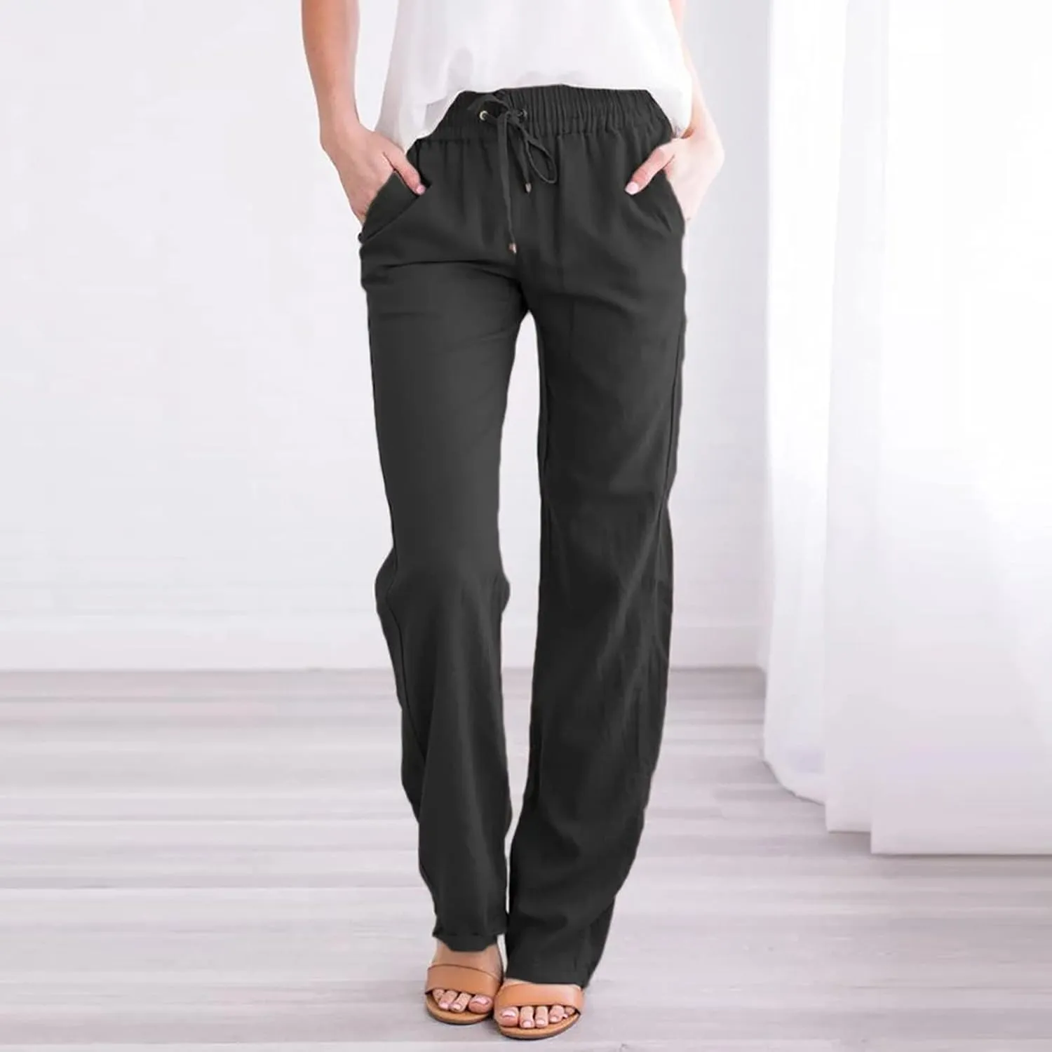 2024 White Linen Pants Women Lightweight Elastic Waist Drawstring Lounge Trousers Fall Summer Pants with Side Pockets