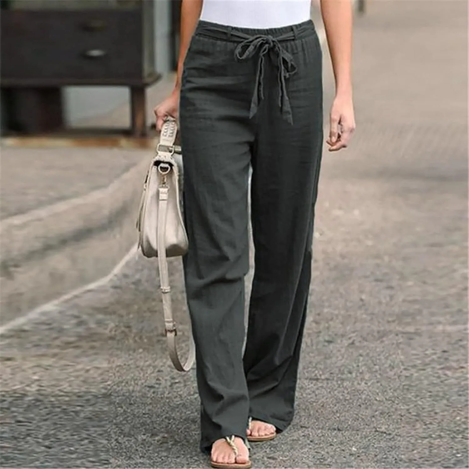 2024 White Linen Pants Women Lightweight Elastic Waist Drawstring Lounge Trousers Fall Summer Pants with Side Pockets