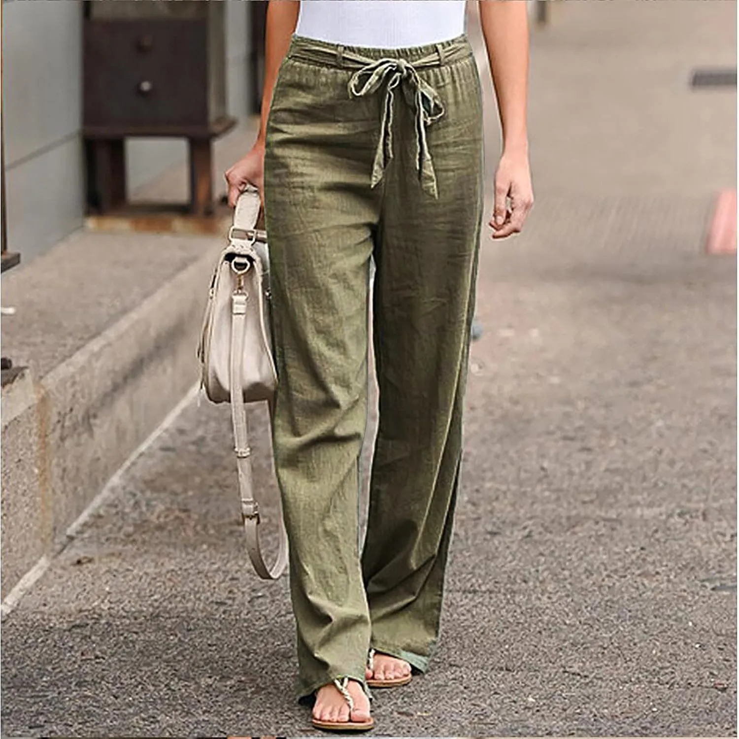 2024 White Linen Pants Women Lightweight Elastic Waist Drawstring Lounge Trousers Fall Summer Pants with Side Pockets