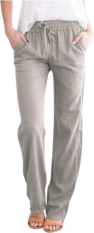2024 White Linen Pants Women Lightweight Elastic Waist Drawstring Lounge Trousers Fall Summer Pants with Side Pockets