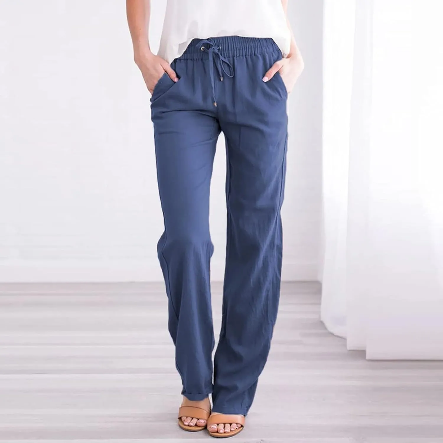 2024 White Linen Pants Women Lightweight Elastic Waist Drawstring Lounge Trousers Fall Summer Pants with Side Pockets