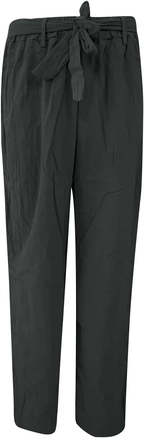 2024 White Linen Pants Women Lightweight Elastic Waist Drawstring Lounge Trousers Fall Summer Pants with Side Pockets