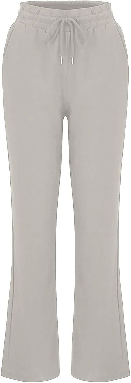 2024 White Linen Pants Women Lightweight Elastic Waist Drawstring Lounge Trousers Fall Summer Pants with Side Pockets