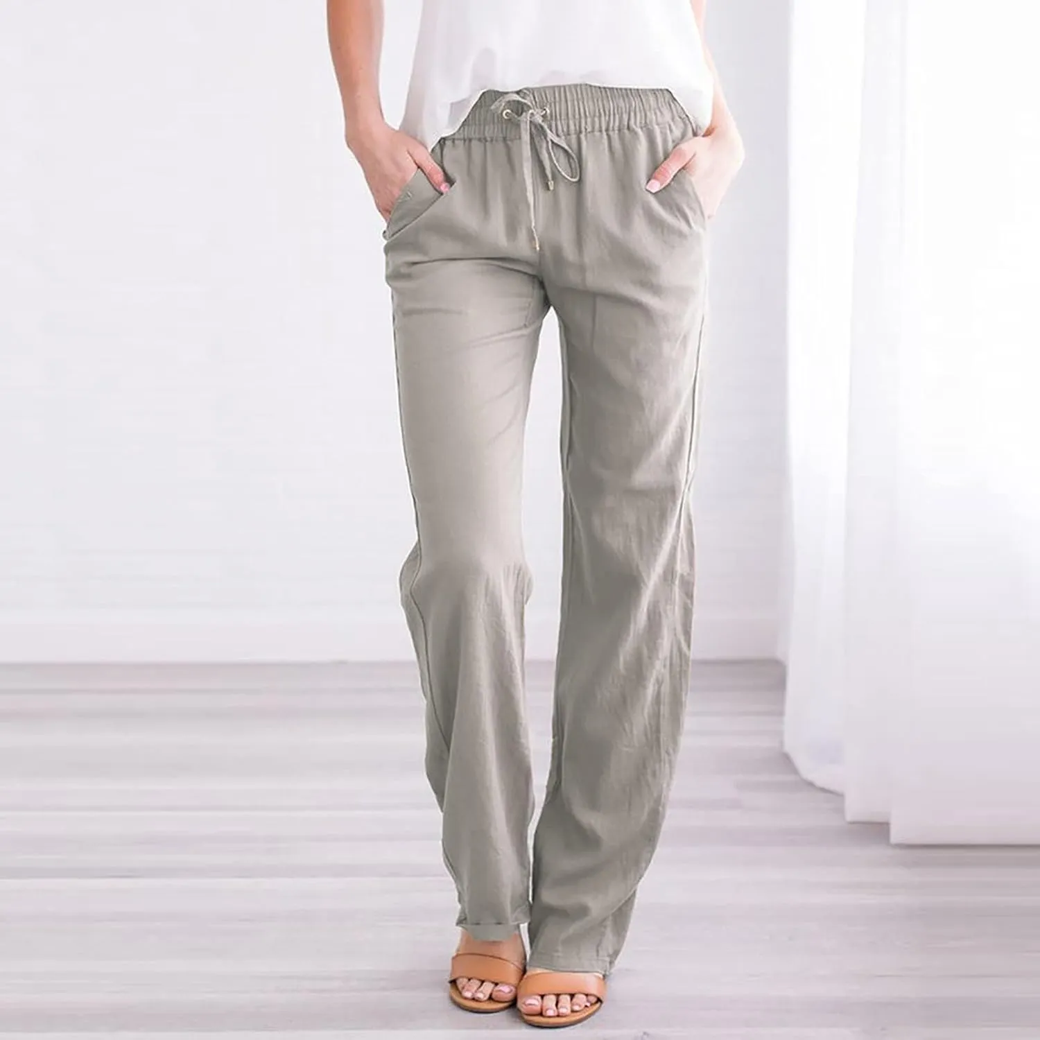 2024 White Linen Pants Women Lightweight Elastic Waist Drawstring Lounge Trousers Fall Summer Pants with Side Pockets