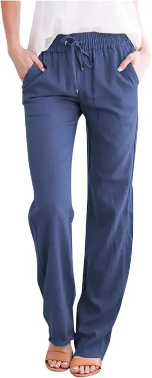 2024 White Linen Pants Women Lightweight Elastic Waist Drawstring Lounge Trousers Fall Summer Pants with Side Pockets
