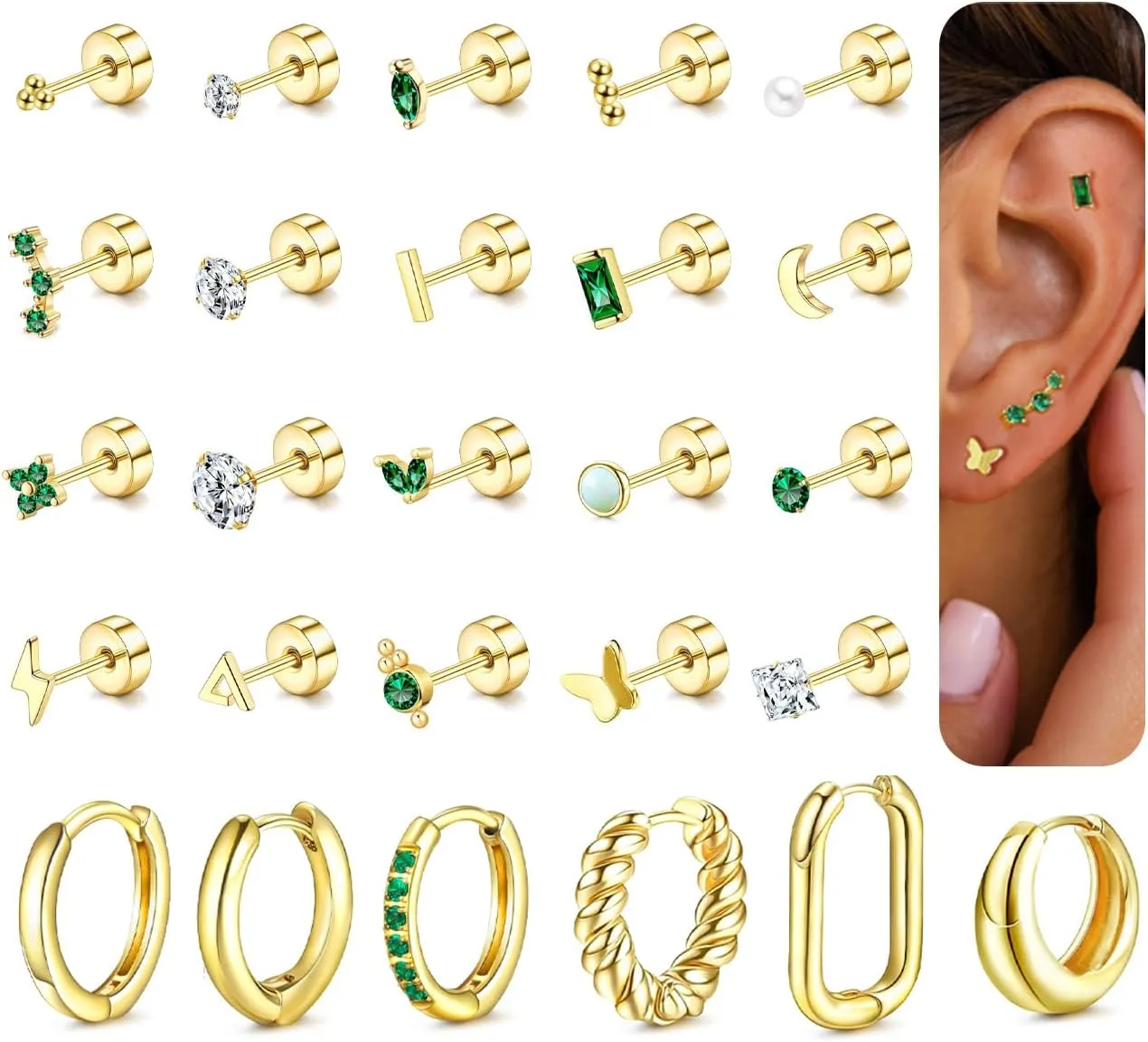 26 Pcs Flat Back Earrings for Women Hypoallergenic Tiny Gold Earring Sets for Multiple Piercing Stainless Steel CZ Earring Stacks Flatback Stud Small Hoop Earrings