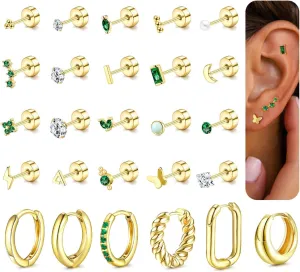 26 Pcs Flat Back Earrings for Women Hypoallergenic Tiny Gold Earring Sets for Multiple Piercing Stainless Steel CZ Earring Stacks Flatback Stud Small Hoop Earrings