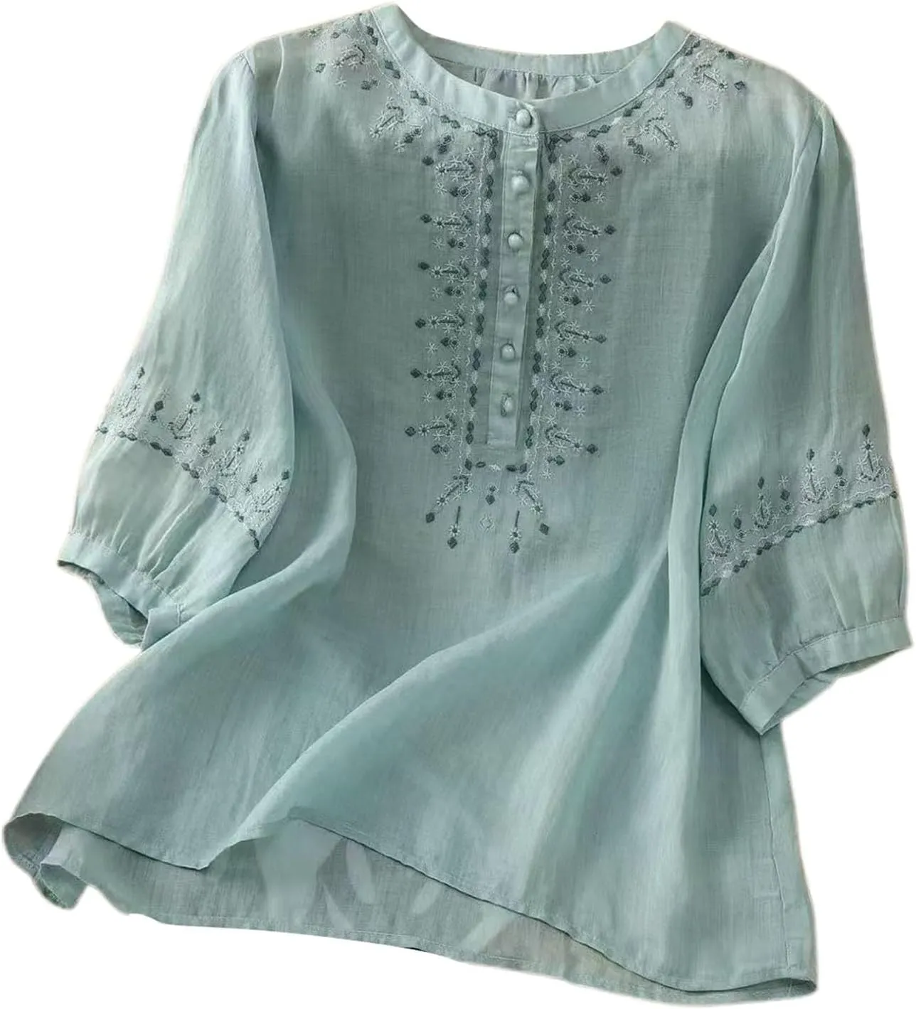 3/4 Sleeve Linen Shirts for Women Cotton Summer Retro Embroidered Boho Tops Dressy Casual Trendy Vacation Blouse