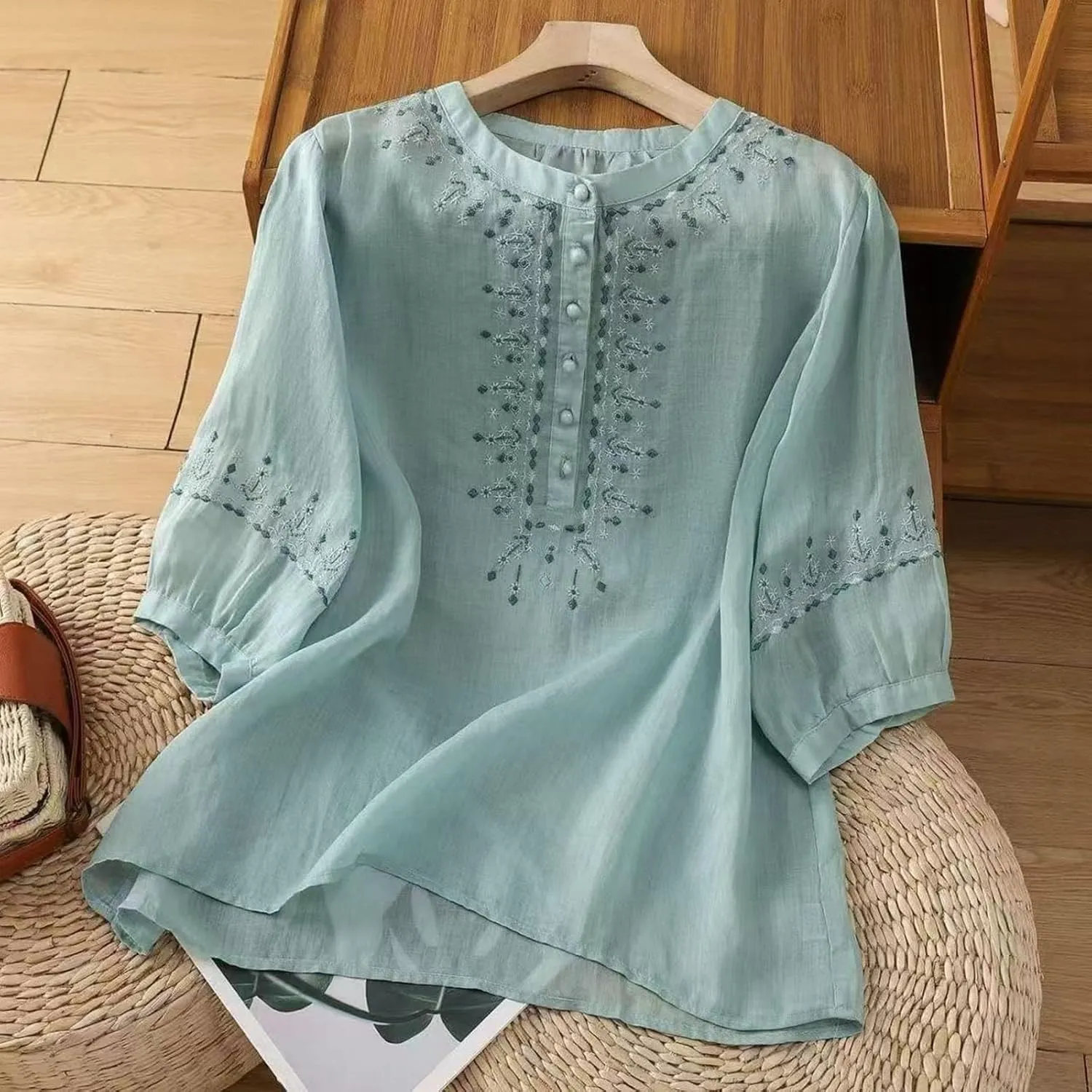 3/4 Sleeve Linen Shirts for Women Cotton Summer Retro Embroidered Boho Tops Dressy Casual Trendy Vacation Blouse