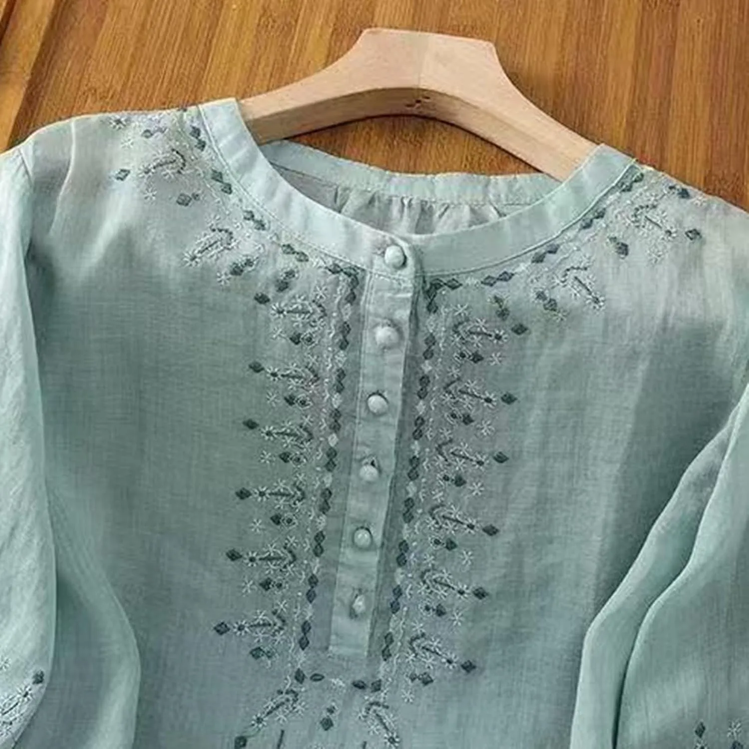 3/4 Sleeve Linen Shirts for Women Cotton Summer Retro Embroidered Boho Tops Dressy Casual Trendy Vacation Blouse
