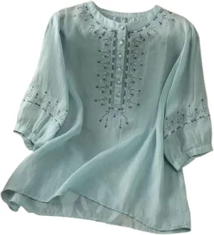 3/4 Sleeve Linen Shirts for Women Cotton Summer Retro Embroidered Boho Tops Dressy Casual Trendy Vacation Blouse