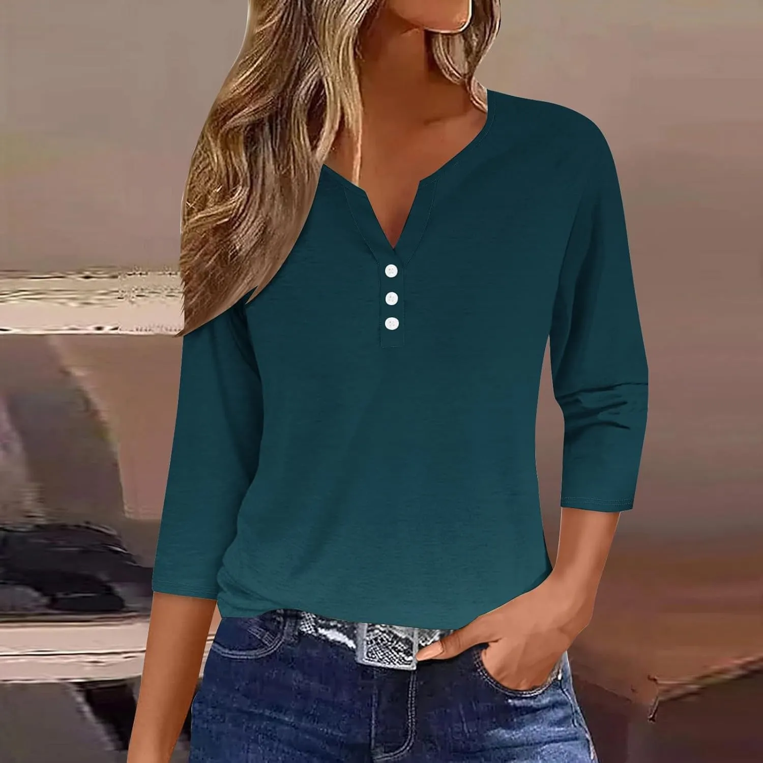 3/4 Sleeve T Shirts for Women Summer Casual Tops Blouses 2024 Trendy Henley Shirts Tshirts Cute Vacation Outfits