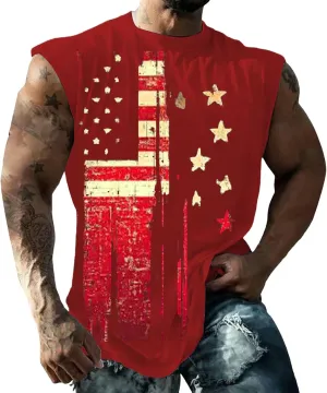 4th of July Tank Tops for Men Retro USA Patriotic American Flag Sleeveless Printed Shirts Gym Tees