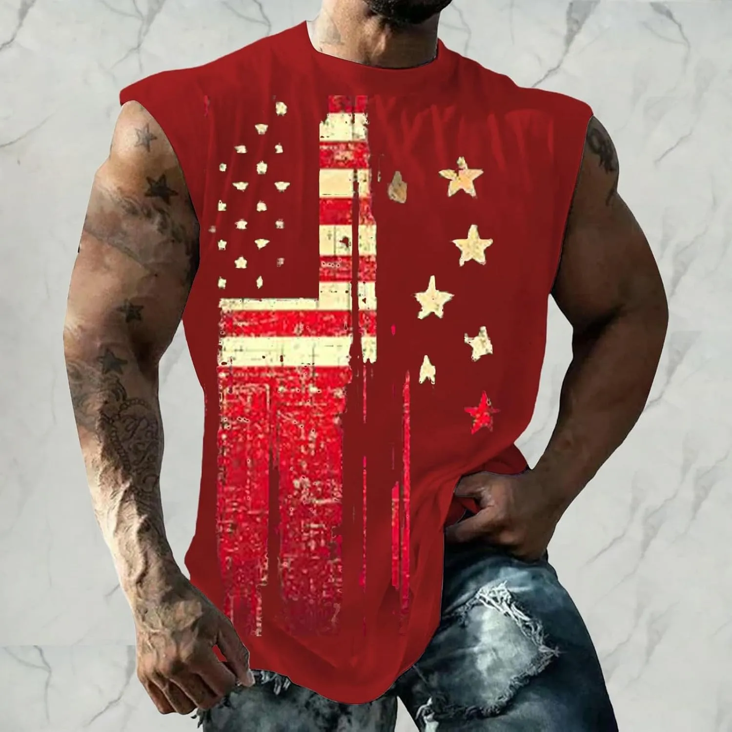 4th of July Tank Tops for Men Retro USA Patriotic American Flag Sleeveless Printed Shirts Gym Tees