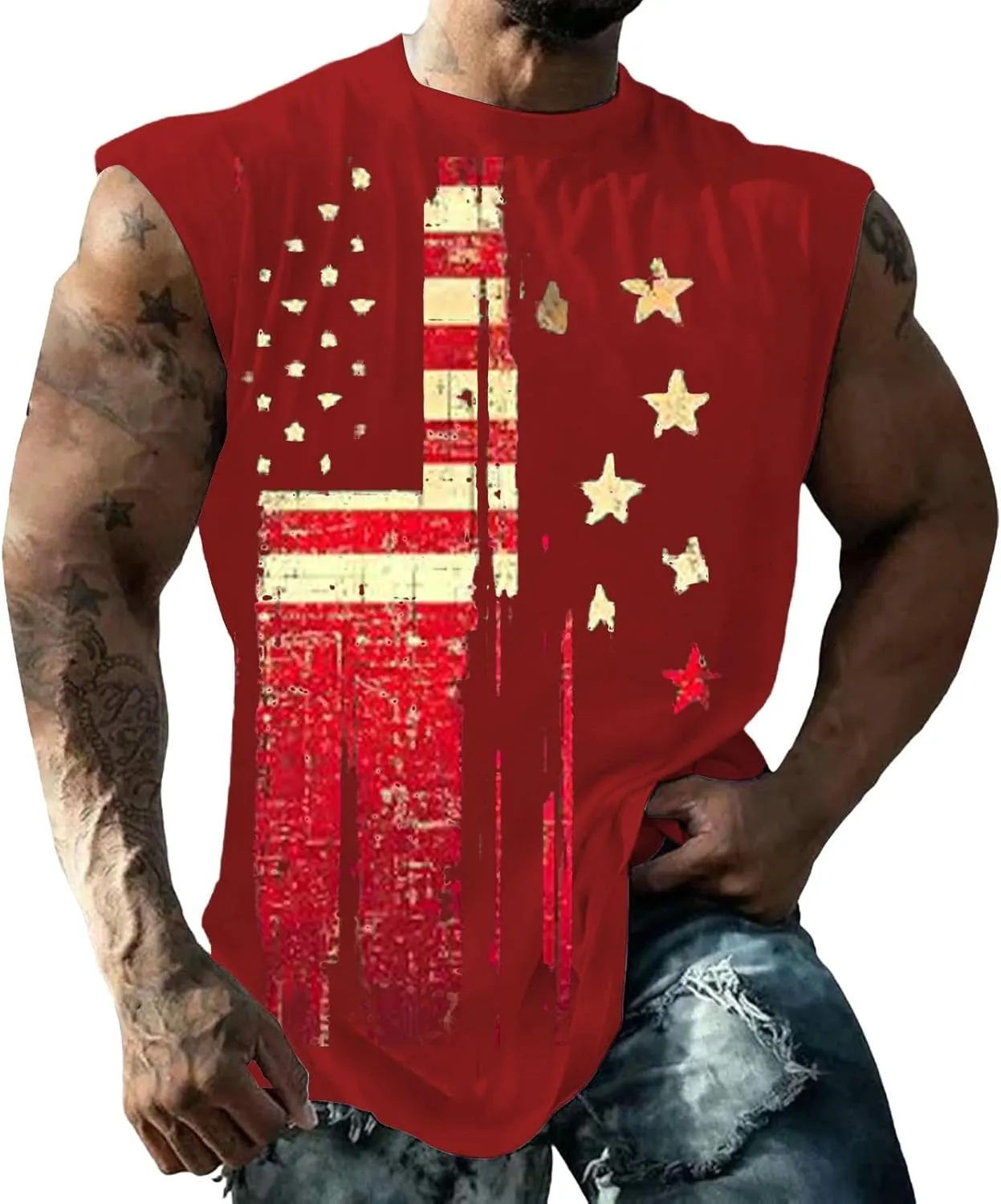 4th of July Tank Tops for Men Retro USA Patriotic American Flag Sleeveless Printed Shirts Gym Tees