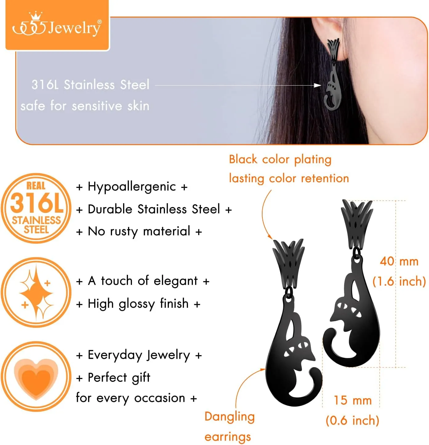555Jewelry Stainless Steel Cute Hanging Cat Earrings Dangling Drop - Cat Jewelry for Women