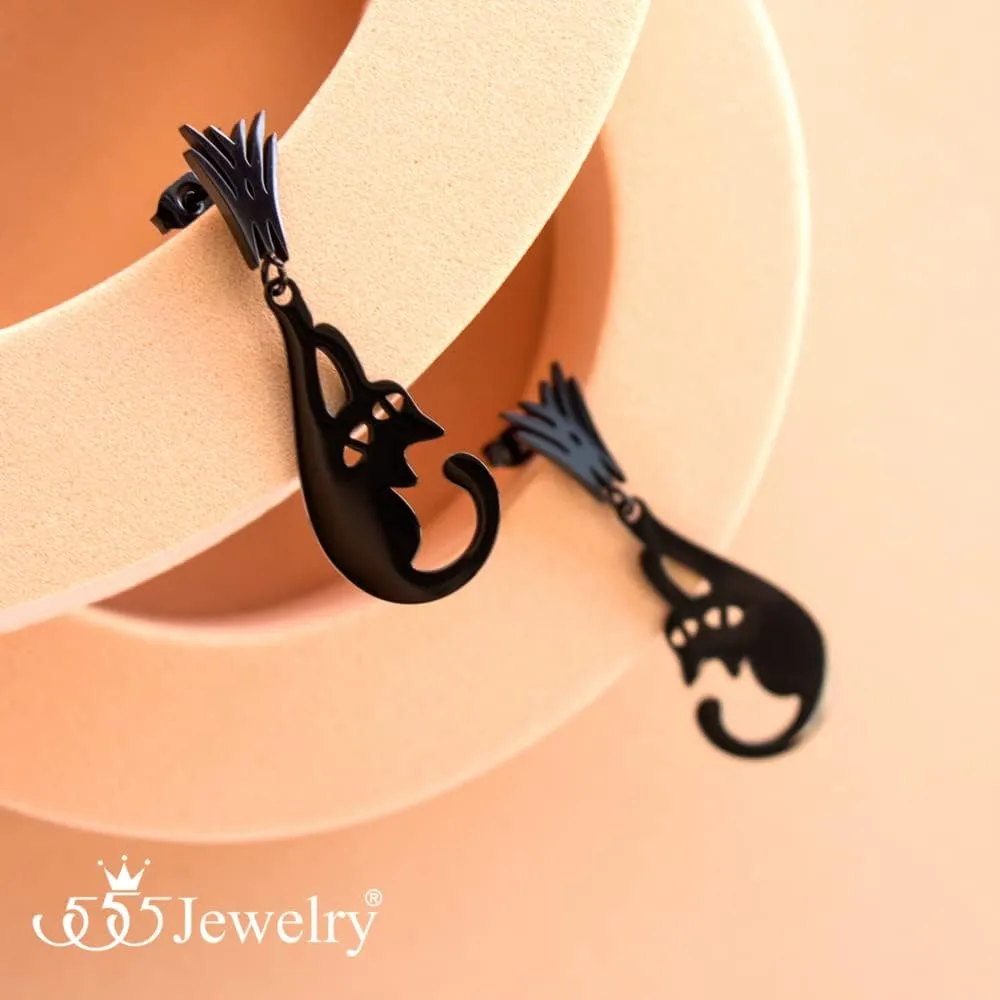 555Jewelry Stainless Steel Cute Hanging Cat Earrings Dangling Drop - Cat Jewelry for Women