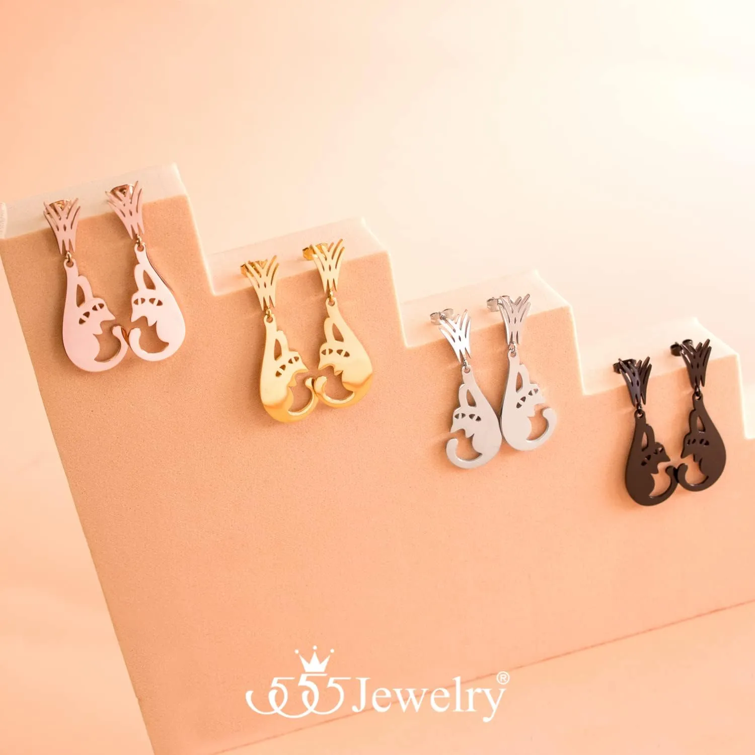 555Jewelry Stainless Steel Cute Hanging Cat Earrings Dangling Drop - Cat Jewelry for Women
