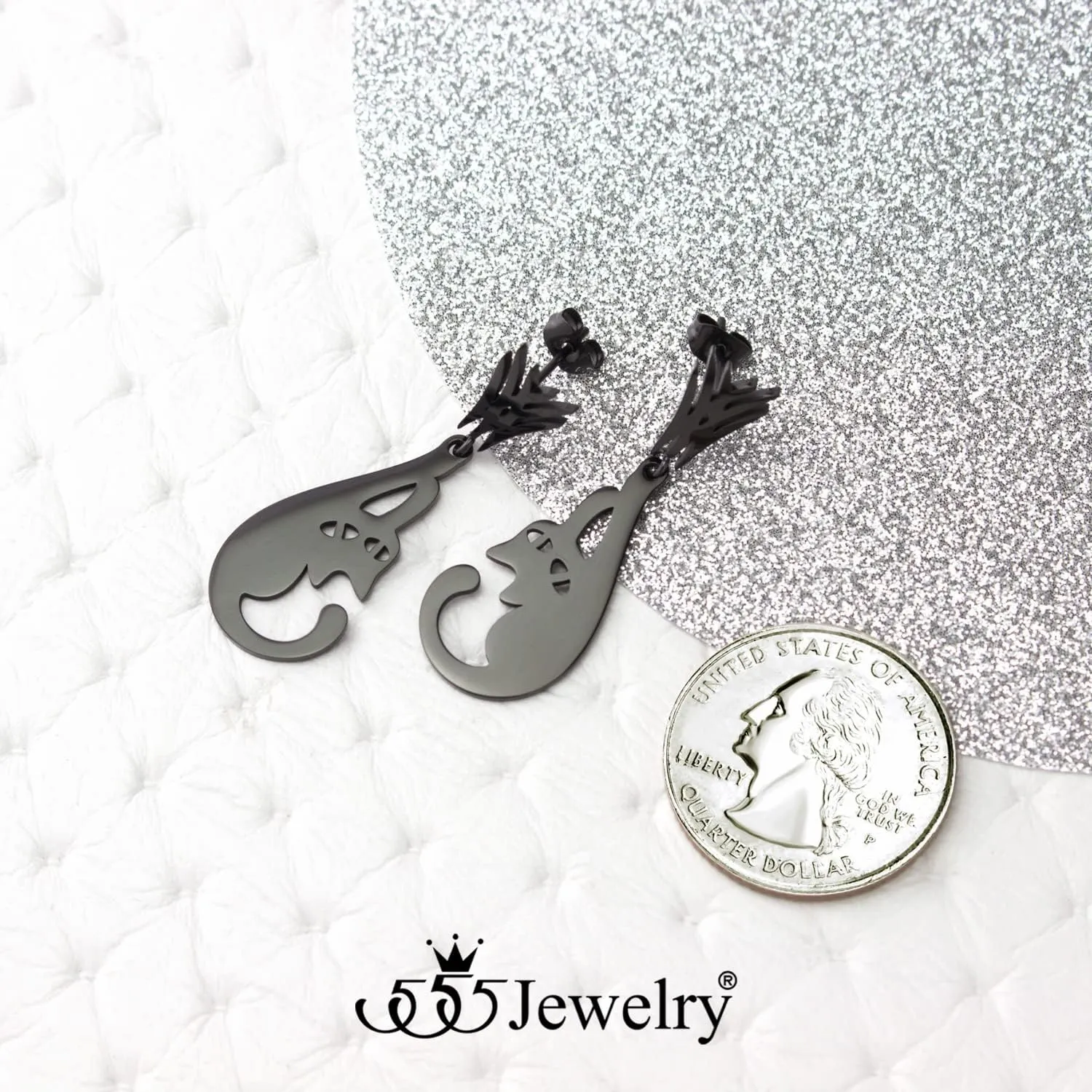 555Jewelry Stainless Steel Cute Hanging Cat Earrings Dangling Drop - Cat Jewelry for Women