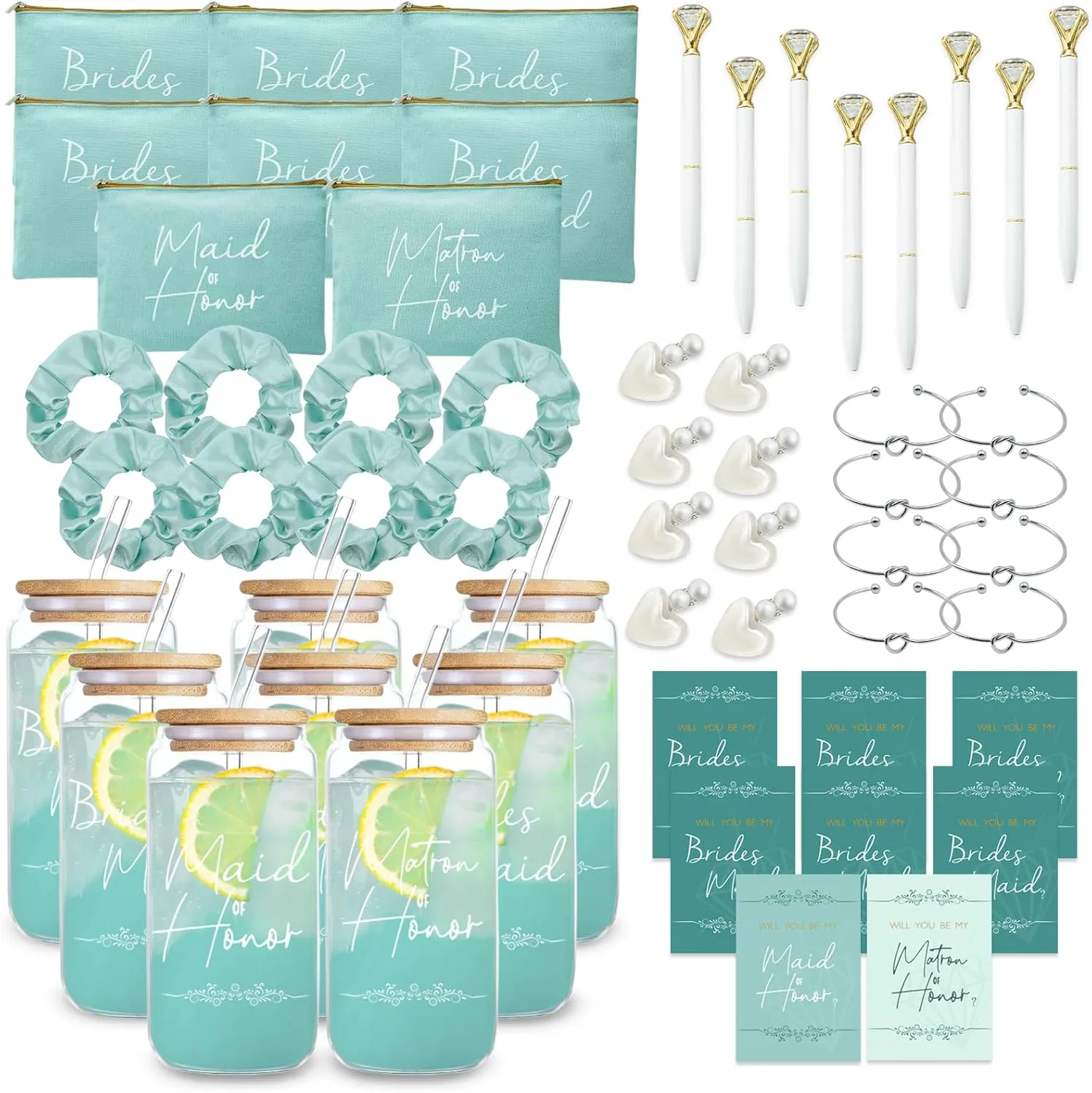 56 pcs Bridesmaid gifts bridesmaid proposal gifts, Maid of Honor Gifts contain 16oz Glass Cups Cosmetic Makeup Bags Invited Cards Scrunchies Hair Knotted Bracelets Diamond Pens love clip (Green)