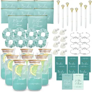 56 pcs Bridesmaid gifts bridesmaid proposal gifts, Maid of Honor Gifts contain 16oz Glass Cups Cosmetic Makeup Bags Invited Cards Scrunchies Hair Knotted Bracelets Diamond Pens love clip (Green)
