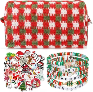 58 Pcs Checkered Makeup Bag Set Preppy Aesthetic Cosmetic Bag Travel Makeup Pouch Toiletry Bag 7 Pcs Heishi Surfer Bracelets with 50 Pcs Cute Preppy Stickers for Women Girls Teens Christmas Gift