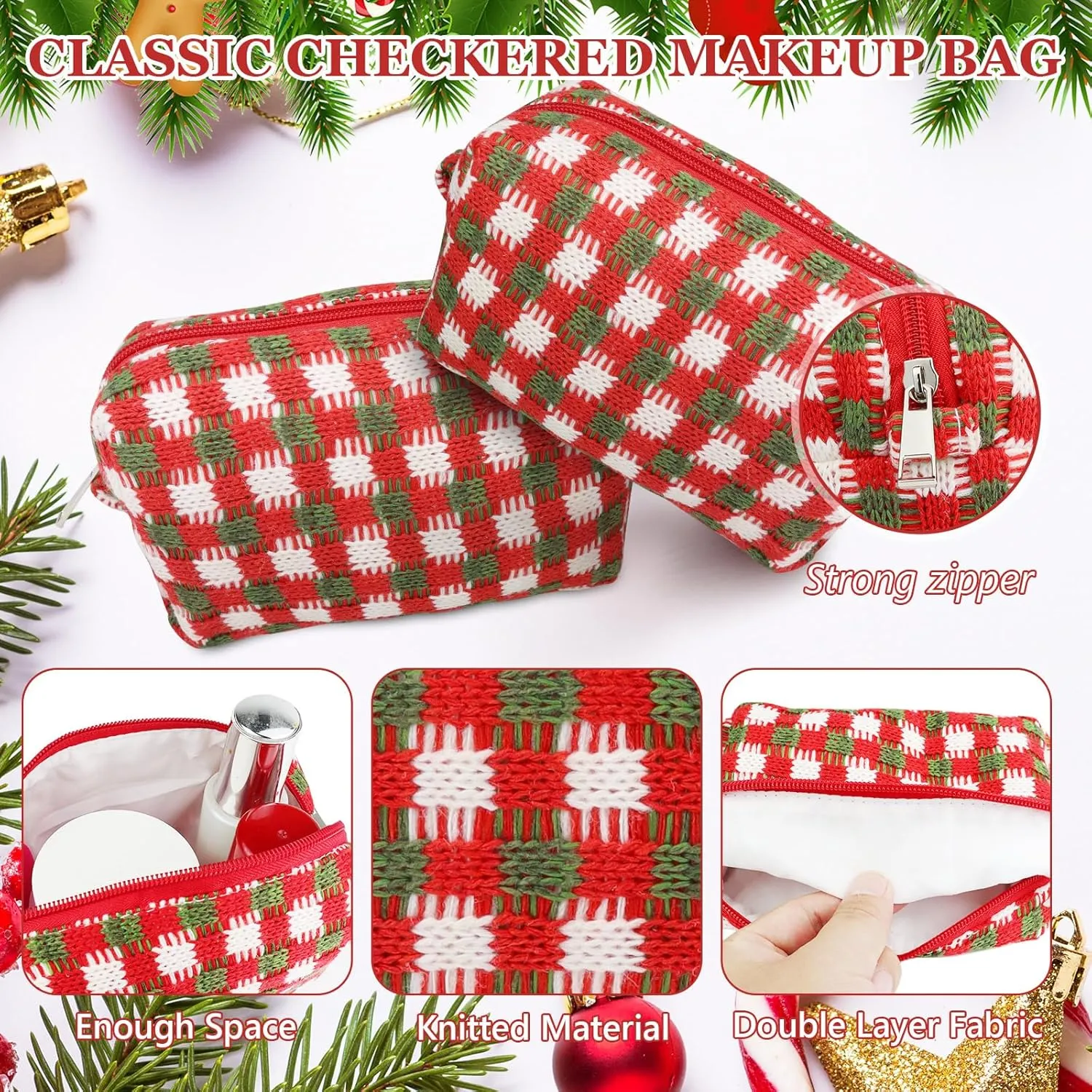 58 Pcs Checkered Makeup Bag Set Preppy Aesthetic Cosmetic Bag Travel Makeup Pouch Toiletry Bag 7 Pcs Heishi Surfer Bracelets with 50 Pcs Cute Preppy Stickers for Women Girls Teens Christmas Gift