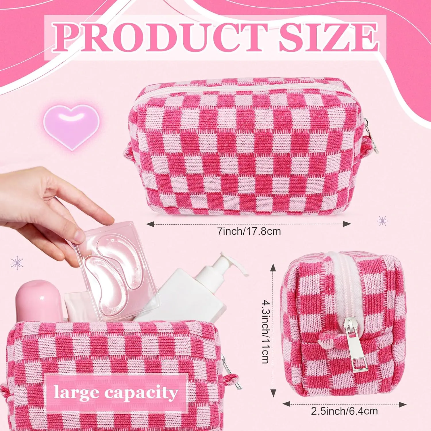 58 Pcs Checkered Makeup Bag Set Preppy Aesthetic Cosmetic Bag Travel Makeup Pouch Toiletry Bag 7 Pcs Heishi Surfer Bracelets with 50 Pcs Cute Preppy Stickers for Women Girls Teens Gift